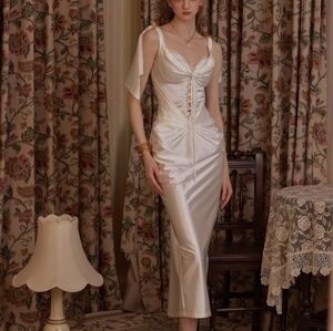 Ivory Satin Lace-Up Slip Dress